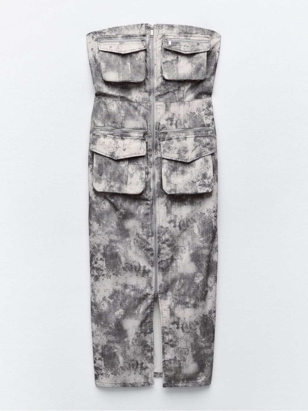 Zara Strapless camo Marble-Print Midi Dress in Gray and White